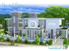 an image of a modern house in the middle of some trees and bushes with text that reads unwind dining