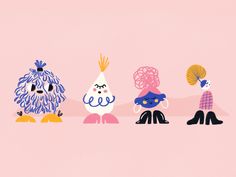 three cartoon characters are sitting in a row on a pink background, one is wearing a hat and the other has a blue bird