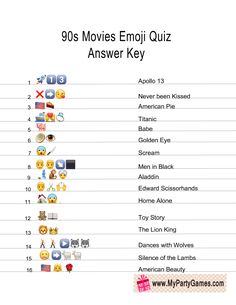 the 90's movies emoj quiz answer key is shown in this screenshot