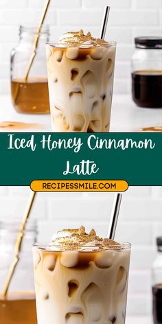 iced honey cinnamon latte recipe in two glasses on a table with text overlay that says iced honey cinnamon latte