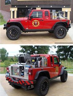 two pictures of a red jeep with fireman's gear on the top and bottom