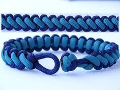 three different types of bracelets on a white surface with one knot in the middle