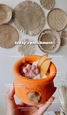 a person holding an orange cup filled with fruit