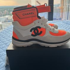 White/Fluo Orange Calf Skin Lamb Skin Chanel Trainer Sneakers Size 38eu Chanel Trainers, Chanel Sneakers, Shoes Chanel, Trainer Sneakers, Chanel Shoes, Custom Shoes, Orange White, Womens Shoes Sneakers, Color Orange