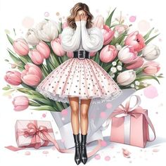 a painting of a woman in a pink dress surrounded by flowers and gift wrapped presents