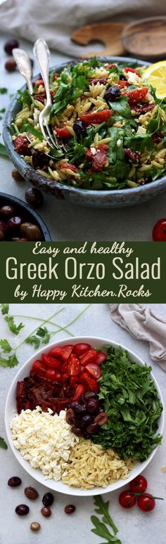 greek orzo salad with red peppers, olives and feta cheese