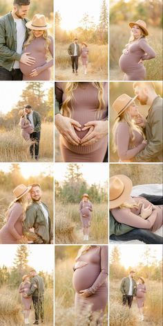 a collage of photos showing a pregnant woman and her husband