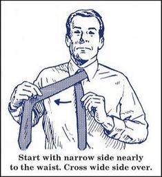 a drawing of a man holding a tie with the caption start with narrow side nearly to the waist cross wide side over