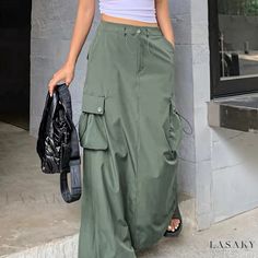 Lasaky - Womens Loose Cargo Skirt with Drawstring Closure and Flap Pockets, a Comfortable yet Stylish Maxi Skirt for Casual Wear Drawstring Dress Pants, Maxi Cargo Skirt, Casual Maxi Skirt, Split Hem Skirt, Skirt Casual, Skirts Midi High Waisted, Drawstring Dresses, 60 Fashion, Long Skirts For Women