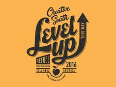 the logo for creative south level up with an arrow pointing to it's left