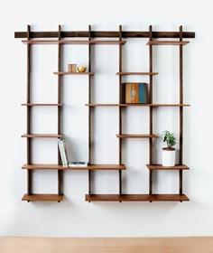 a wooden shelf with books and plants on it next to a wall mounted bookcase