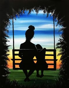 a painting of two people sitting on a swing in the park at sunset or dawn