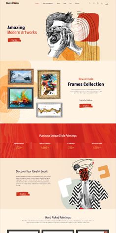 the website design for art gallerys is shown in red, white and black colors