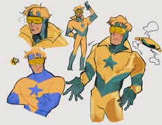 an image of some cartoon characters in different poses and costumes with glasses on their faces