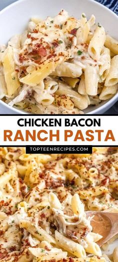 chicken bacon ranch pasta in a white bowl with a wooden spoon and title text above it