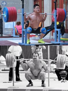 a man squats while holding a barbell in front of his face and another with a weight on it