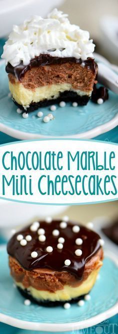 chocolate marble mini cheesecakes on blue plates with white sprinkles and text overlay