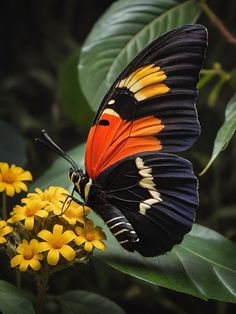 an orange and black butterfly sitting on top of yellow flowers