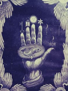 a black and white drawing of a hand with two hands on it, surrounded by birds