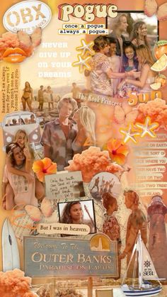 an altered collage with pictures and words on the bottom right hand corner, in orange tones