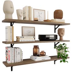 two wooden shelves with books, vases and other items on top of each shelf