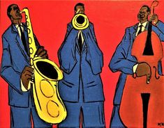 three men in suits and ties are playing musical instruments, one is holding a trumpet