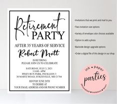 the retirement party flyer is displayed on a table