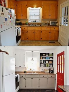 before and after pictures of a kitchen remodel with wood cabinets, white appliances, and red door