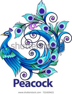 a peacock with blue feathers and swirls in the shape of a letter o on a white background