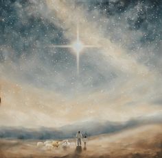 two people are standing in the desert under a star filled sky with sheep and stars