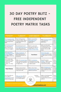 30-day poetry blitz matrix with daily independent poetry tasks for creative writing. Great Poetry, Media Literacy, Interactive Lessons