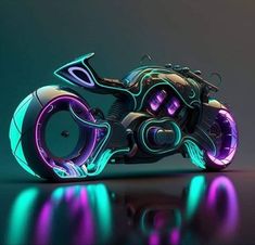 a futuristic motorcycle with neon lights on it's wheels and tires is shown in this image