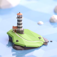 a low poly model of a lighthouse on an island