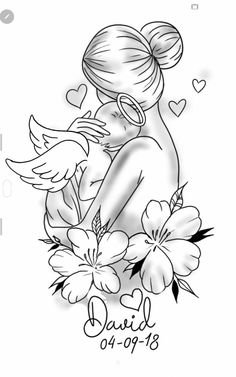 a drawing of a girl with flowers and hearts on her chest, in black and white