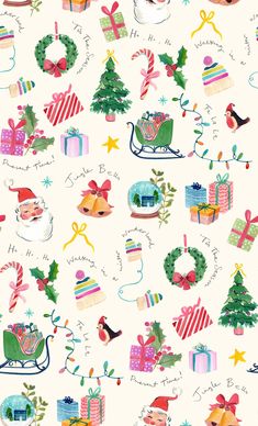 a christmas pattern with presents, gifts and santa claus on it's sleigh