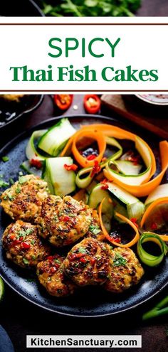 the cover of spicy thai fish cakes with cucumbers, peppers and carrots