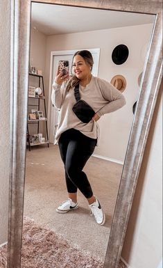 Pink blush sweater athletic casual weekend outfit Fall Style 2023 Curvy, Nanny Work Outfits, Cute Outfits With Leggings Plus Size, Plus Size Outfit With Leggings, Plus Casual Fall Outfits, Cute Fall Plus Size Outfits For Women, Fall Mom Outfits 2023 Plus Size, Casual Athletic Outfits Summer Plus Size, Mom Plus Size Outfits