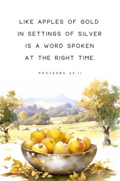 a painting of apples in a bowl with the words, like apples of gold in settings of silver is a word spoken at the right time prove