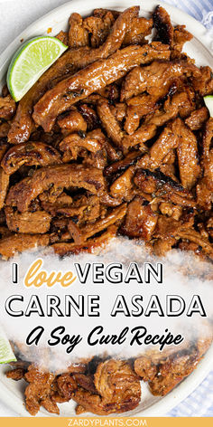 A large batch of vegan carne asada on a plater. Vegan Asada Tacos, Vegan Carne Asada Tacos, Vegan Shredded Beef, Vegan Quesadilla Recipes, Recipes With Soy Curls, Easy Vegan Mexican Recipes, Soy Curl Tacos, Soy Recipes Healthy, Mexican Food Recipes Vegan