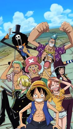 one piece characters with their arms in the air and fists out, all wearing pirate hats