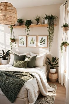 a bedroom with plants hanging on the wall