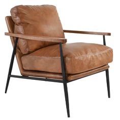 a brown leather chair with black legs