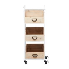 three wooden drawers on wheels against a white background