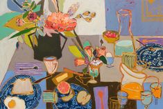 a painting of flowers and plates on a table