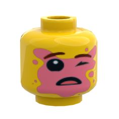 a yellow and pink lego style bottle with an angry face