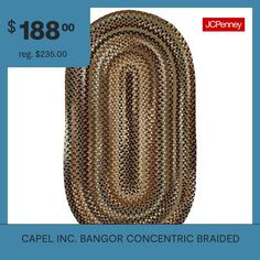 Reversible and durable, Capel braids are a hallmark of American tradition.Features: Mildew Resistant, Stain ResistantShape: OvalMeasurements: 60 Length/Inches, 36 Width/InchesBase Material: 95% Wool, 5% Other 5% Or LessCare: Spot CleanDecor Styles: TraditionalCountry of Origin: Made in US Rugs Green, Rugs Floor, Oval Rugs, Bangor, Rug Stain, Accent Rugs, Floor Coverings, Floor Rugs, Hallmark