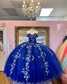 A Line Princess Tulle Ball Gown Floor Length Prom Dress Royal Blue Ball Gown, Mexican Quinceanera Dresses, Quinceanera Themes Dresses, Blue Ball Gown, Prom Dress Pictures, Sweet 16 Dress, Quinceñera Dresses, 15 Dresses Quinceanera, Blue Quince