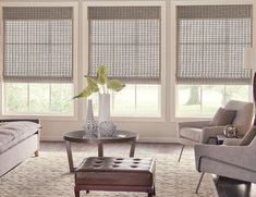 a living room filled with furniture and windows covered in cellular shades on top of them