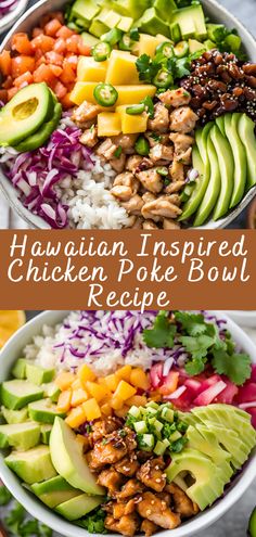 hawaiian inspired chicken poke bowl recipe with avocado, red cabbage, and shredded carrots