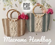 two handbags with flowers on them and the text, macrame handbag